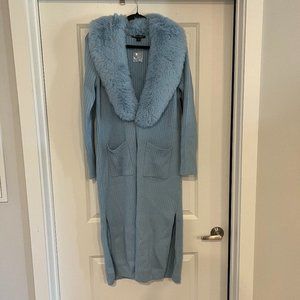 NWT Boston Proper Faux Fur Collar Ribbed Long Cardigan Airy Blue